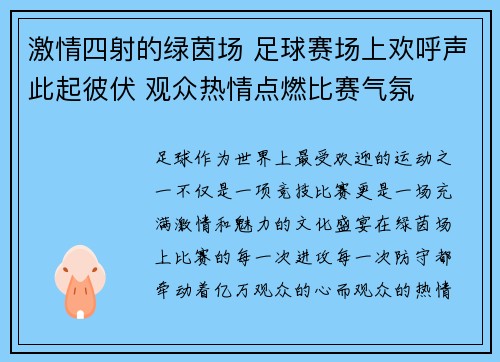 激情四射的绿茵场 足球赛场上欢呼声此起彼伏 观众热情点燃比赛气氛